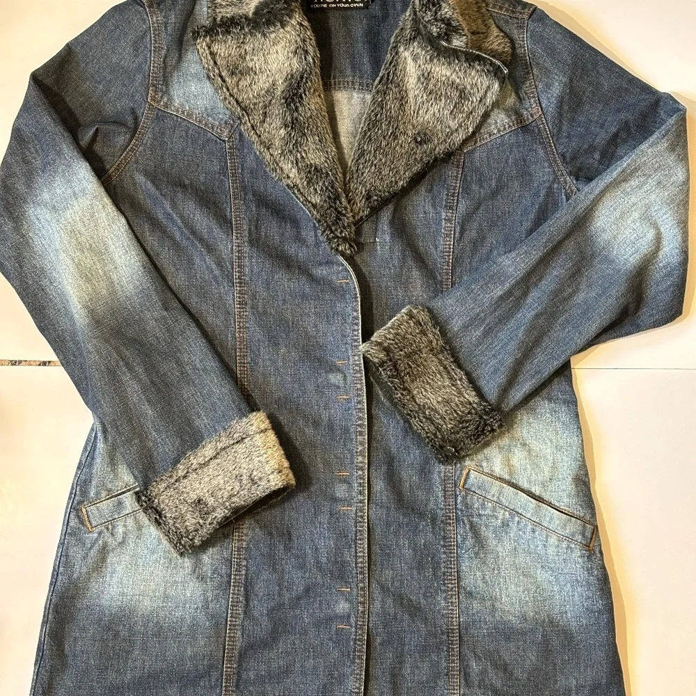 90s Denim Faux fur collard Jean jacketed Y2k vintage - Picture 4 of 8